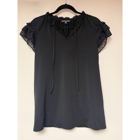Adrianna Papell Tops - Adrianna Papell Blouse Womens Medium Black Excellent Swiss Dot Ruffle Sleeve Top
